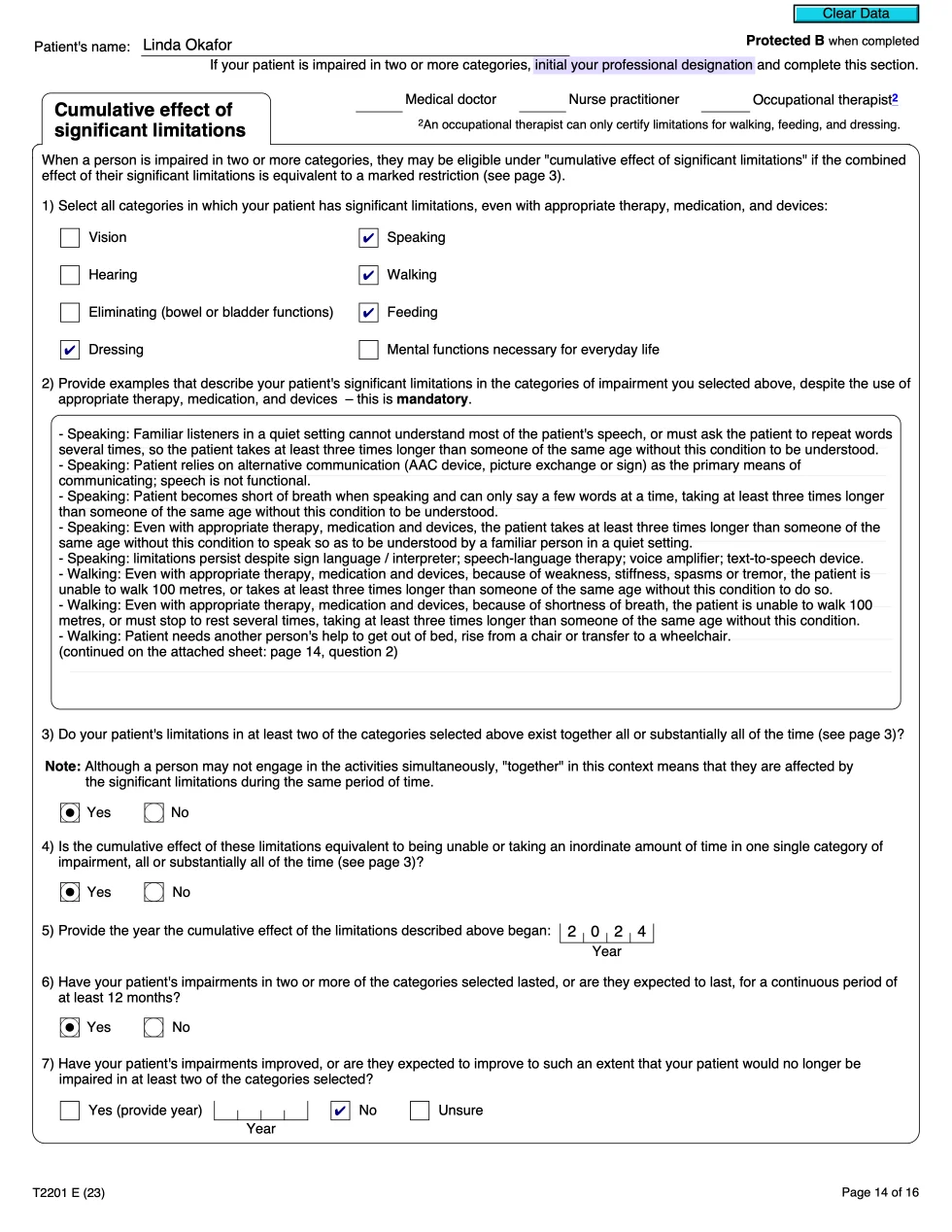 Page 14 of a completed T2201 application