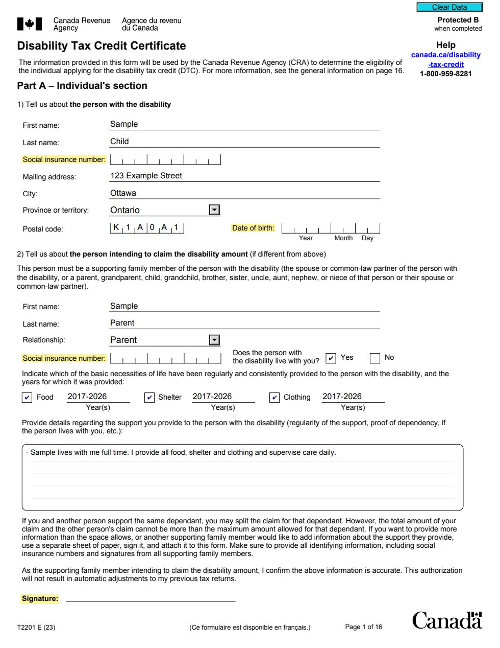 Page 1 of a completed T2201 application